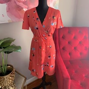 Neon orange wrap dress with heart flowers